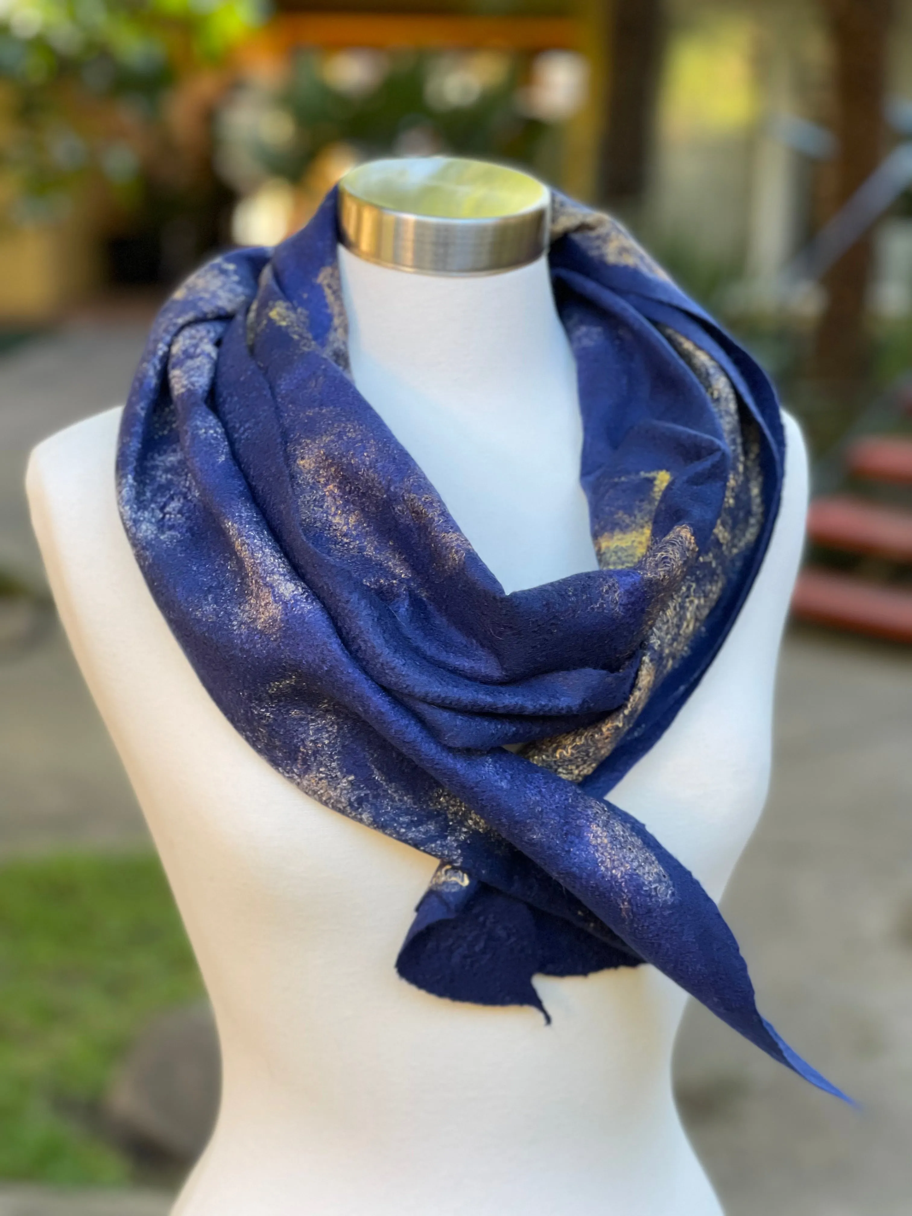 Navy Blue Felted Wool Scarf, Women Felted Scarf, Textured Evening Wrap, Wool Scarf