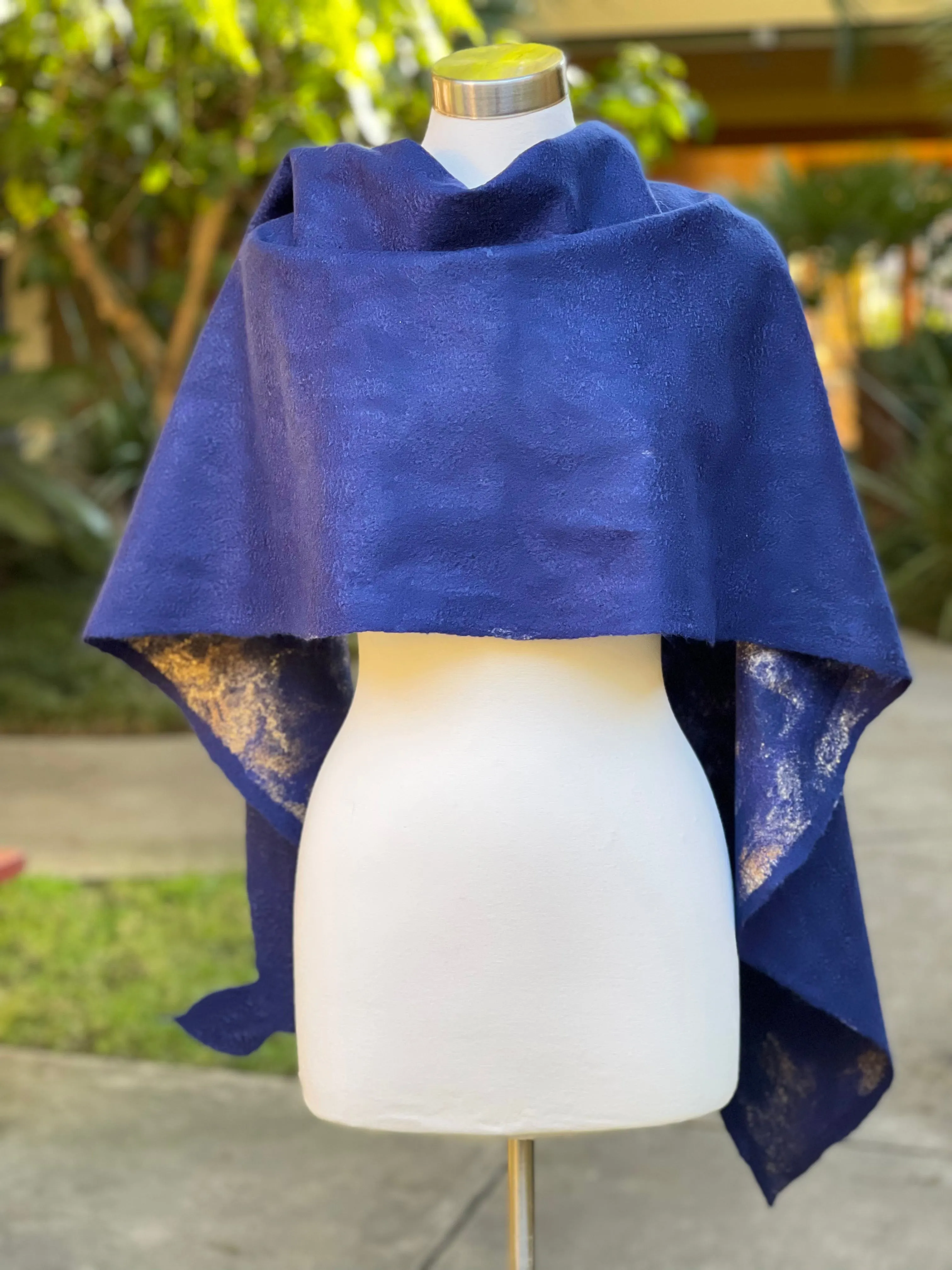 Navy Blue Felted Wool Scarf, Women Felted Scarf, Textured Evening Wrap, Wool Scarf