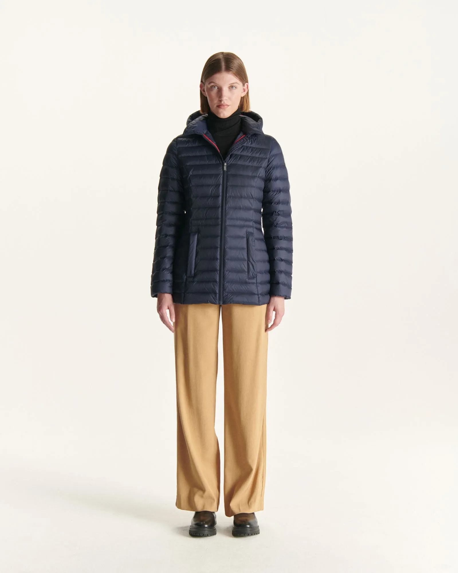 Navy Nour 2.0 mid-length hooded puffer jacket