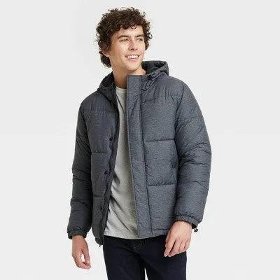 New - Men's Solid Midweight Puffer Jacket - Goodfellow & Co Heathered Gray S