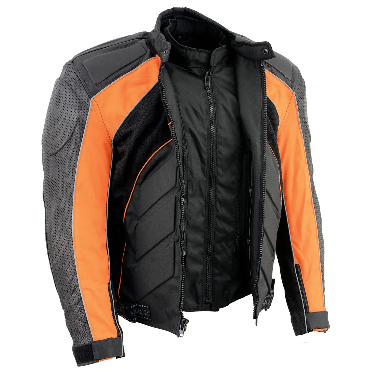 NexGen SH2153 Men's Black and Orange CE Armored Motorcycle Textile and Leather Combo Jacket