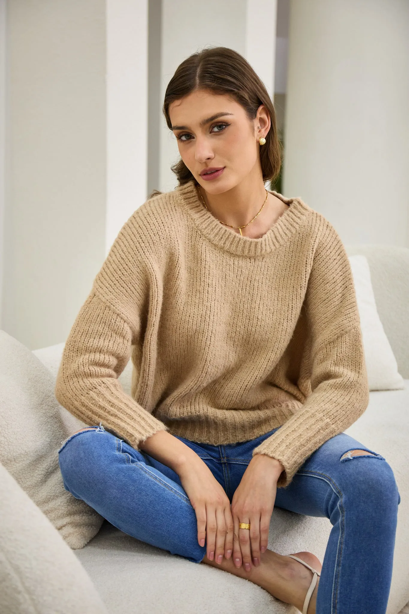 Nora Beige Step Hem Knit Sweater