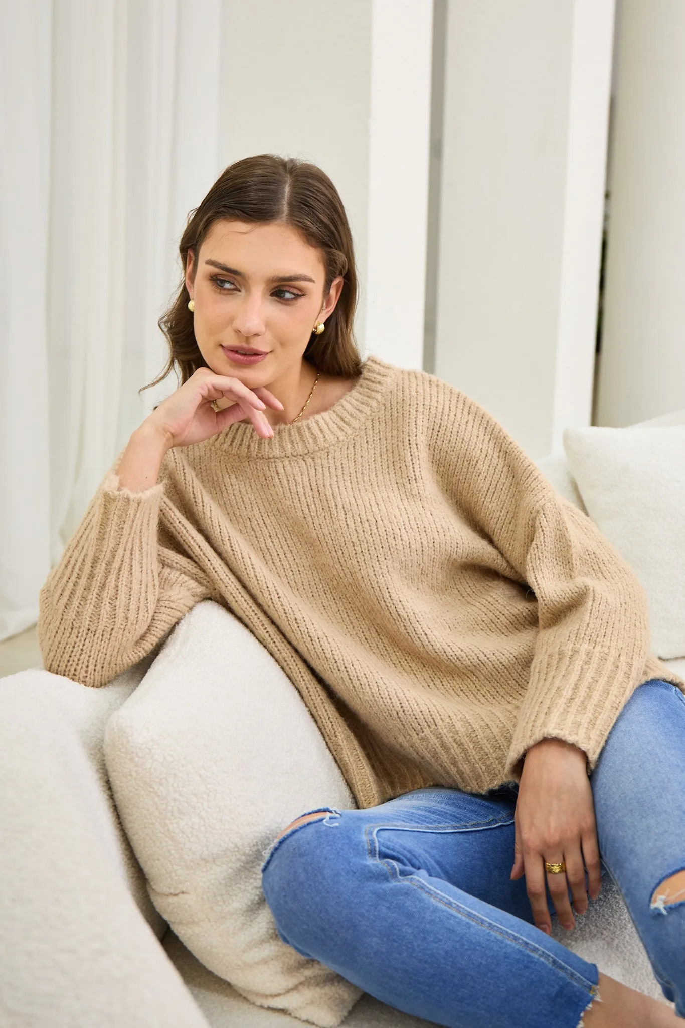 Nora Beige Step Hem Knit Sweater