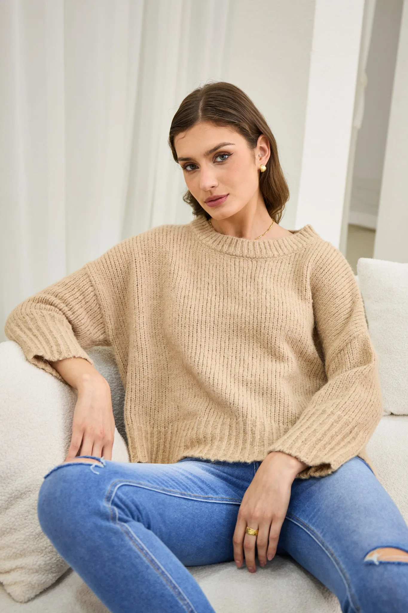 Nora Beige Step Hem Knit Sweater