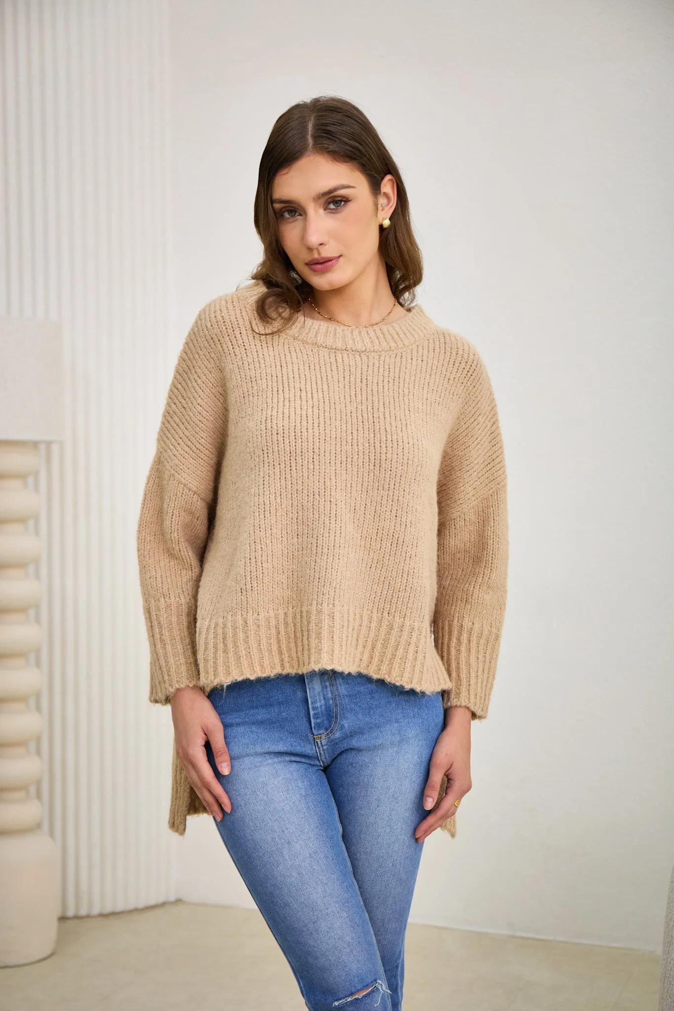 Nora Beige Step Hem Knit Sweater