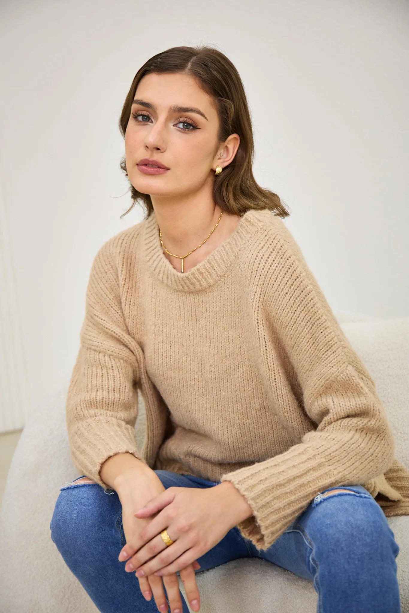 Nora Beige Step Hem Knit Sweater