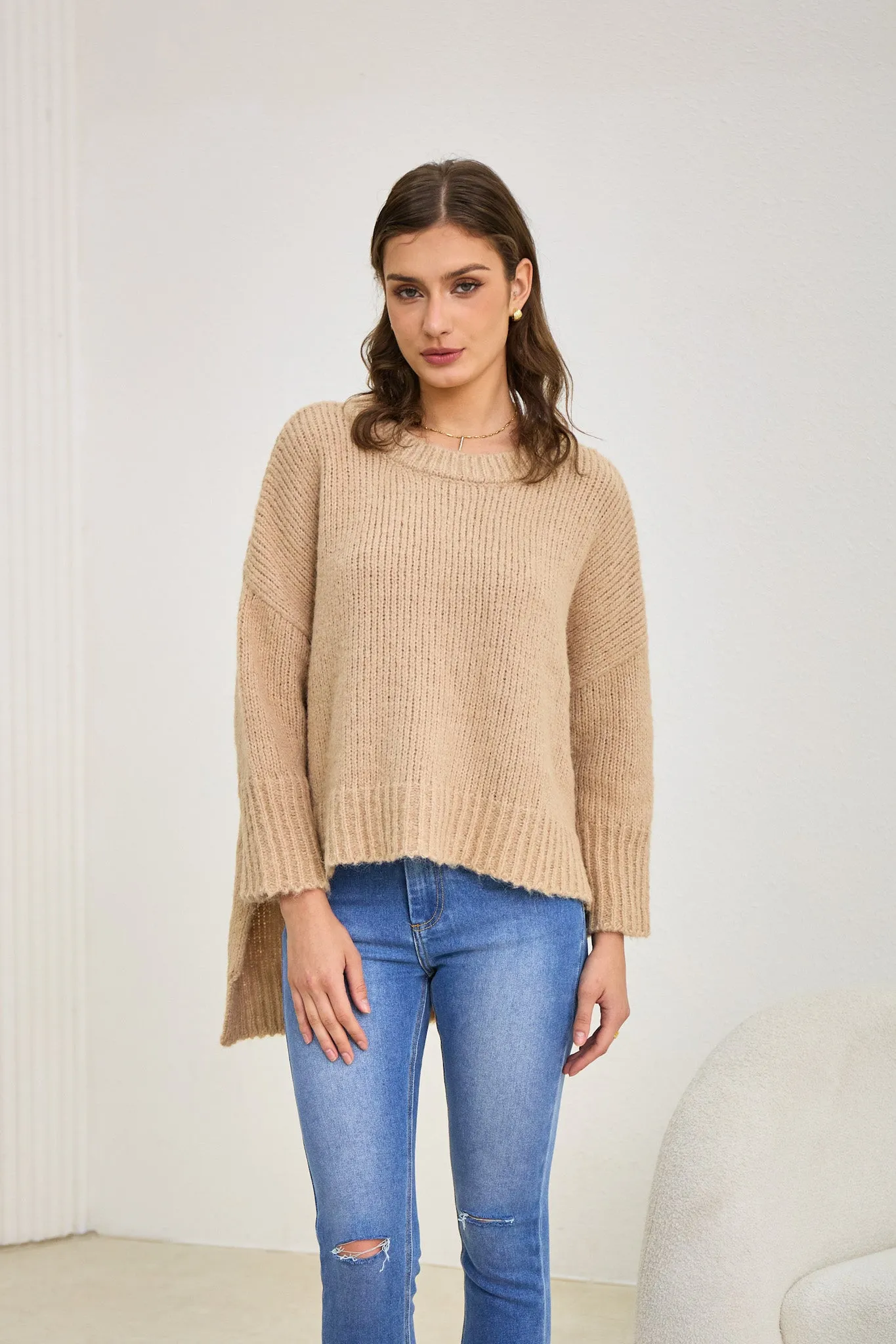 Nora Beige Step Hem Knit Sweater