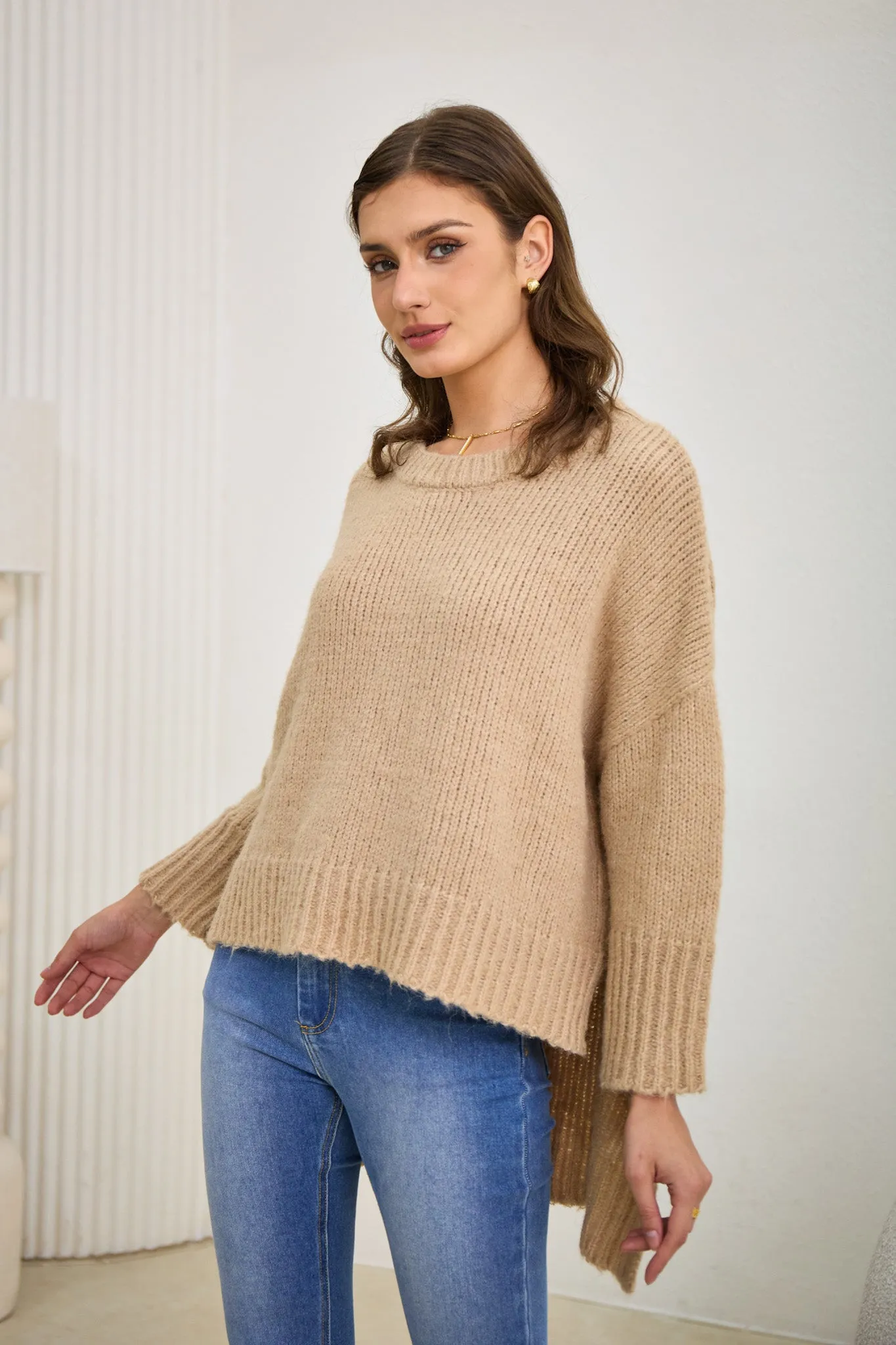 Nora Beige Step Hem Knit Sweater