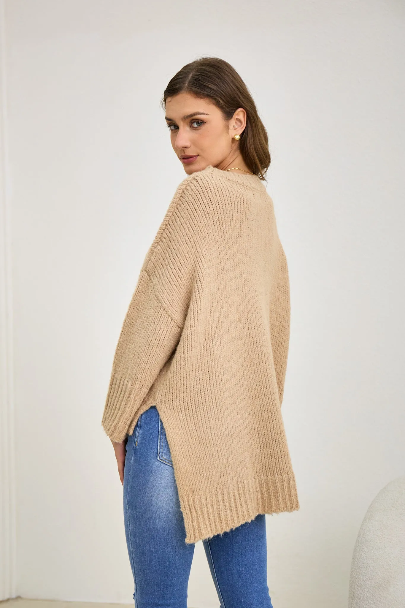 Nora Beige Step Hem Knit Sweater