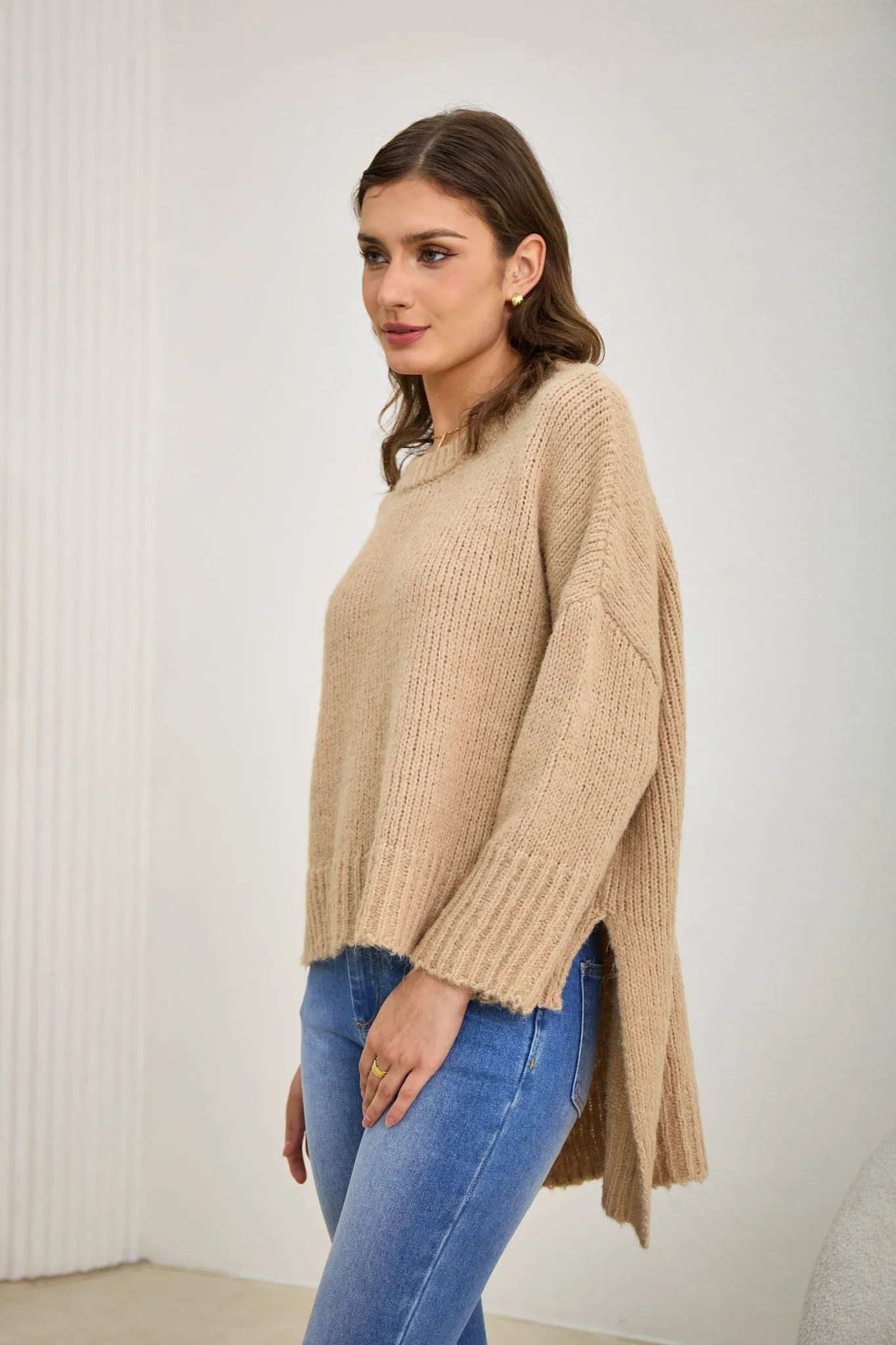 Nora Beige Step Hem Knit Sweater