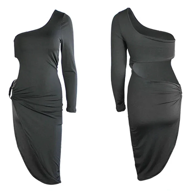 Party High One Black Hollow Club Out Bodycon Split Shoulder Elegant Sexy Dress