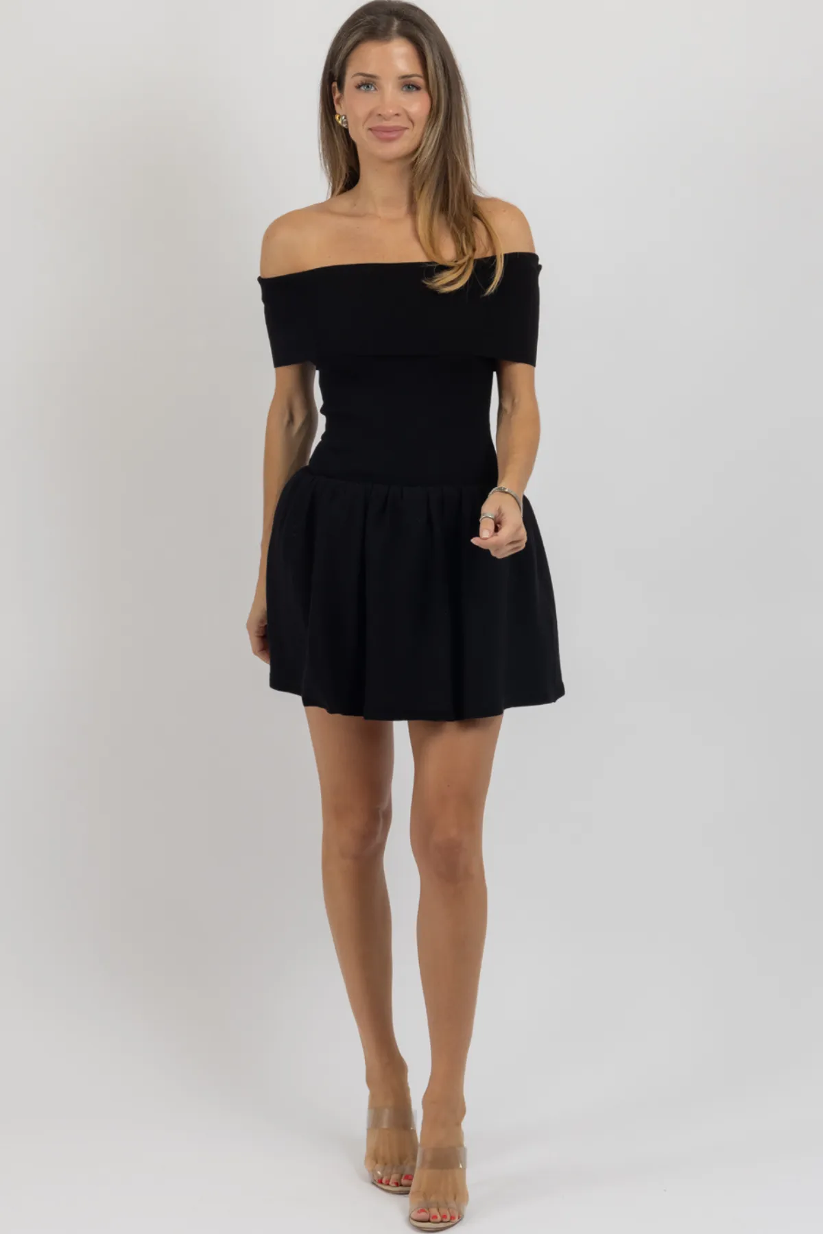 PIPPA BLACK OFF SHOULDER MINI DRESS