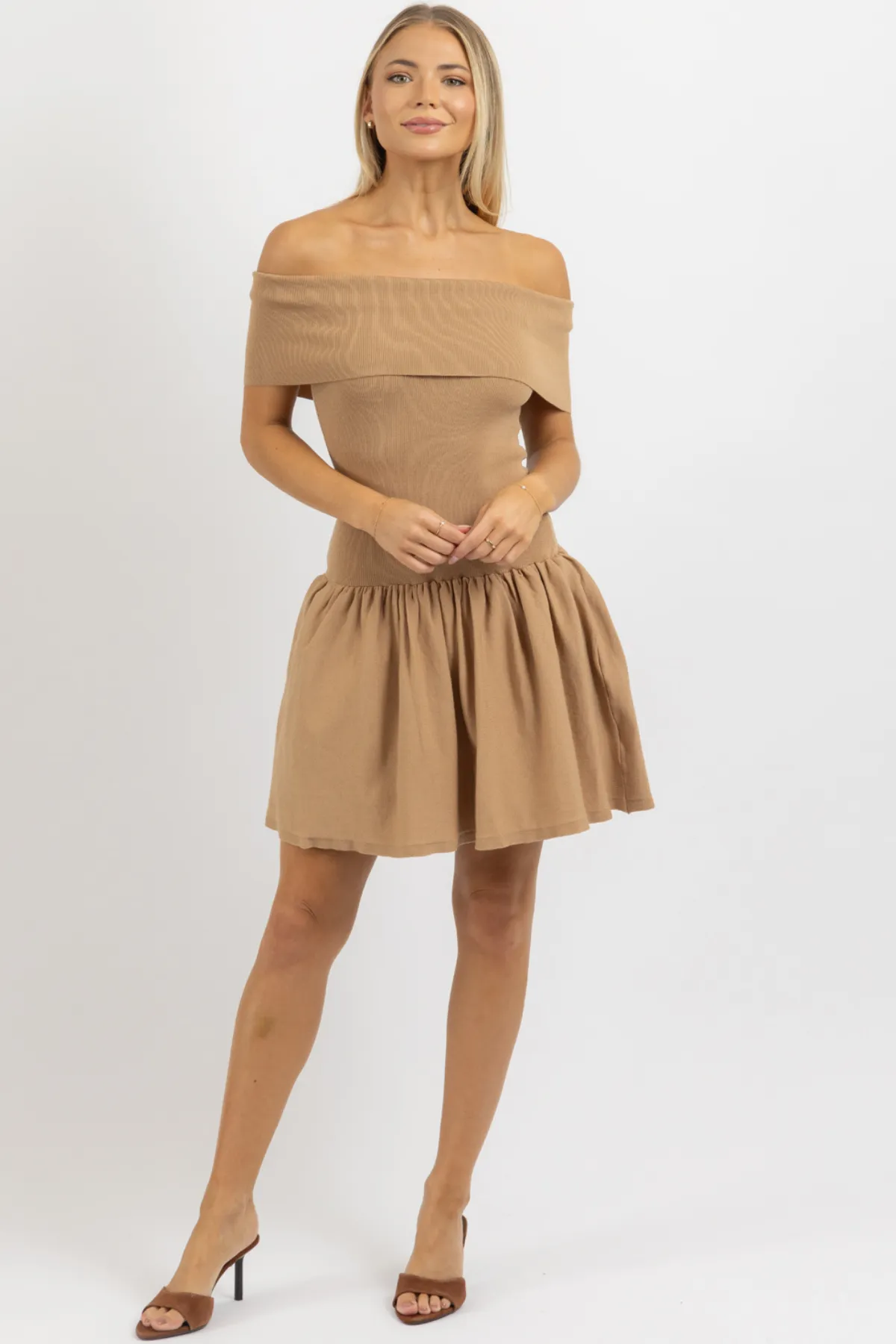 PIPPA TAUPE OFF SHOULDER MINI DRESS