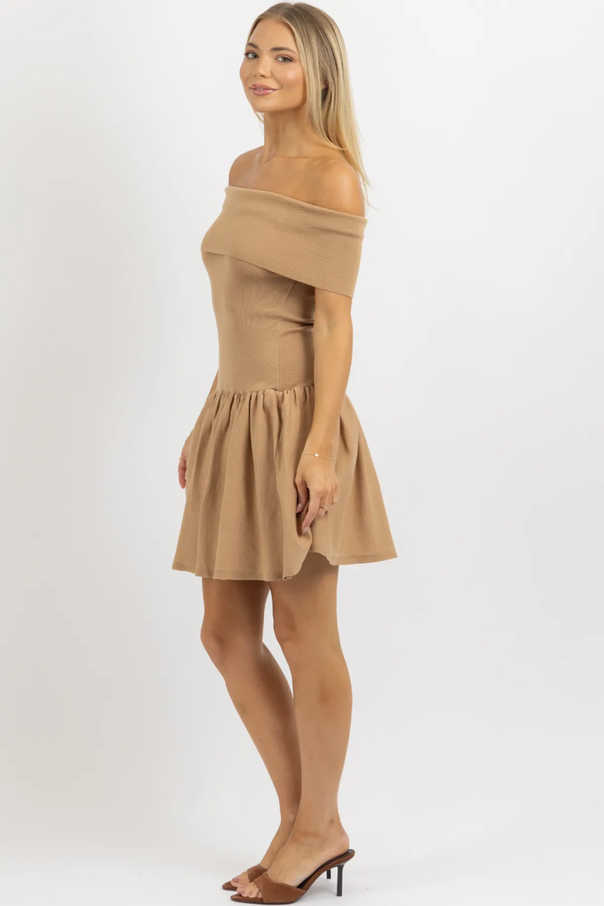 PIPPA TAUPE OFF SHOULDER MINI DRESS