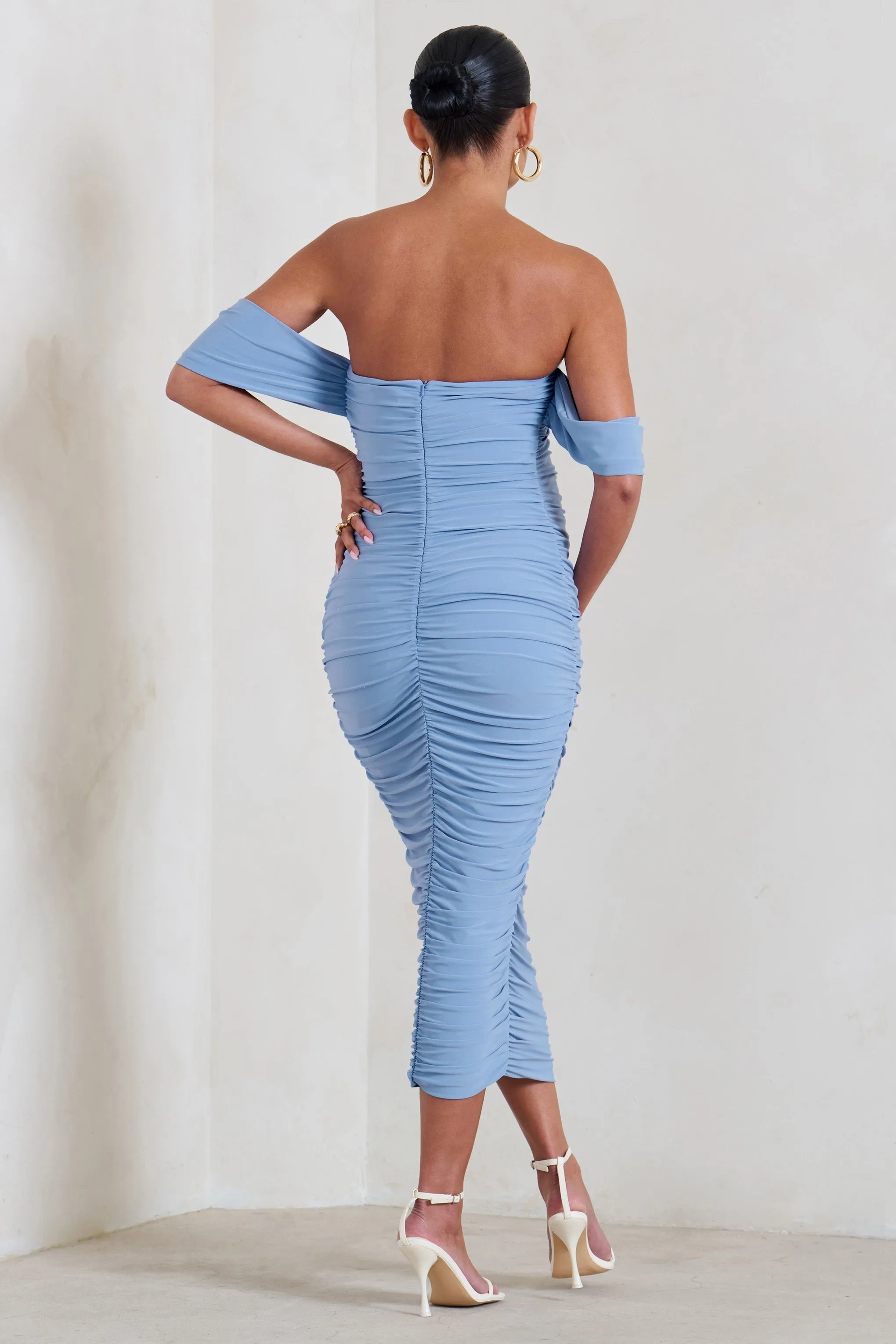 Plus One | Powder Blue Maternity Ruched Bardot Midi Dress