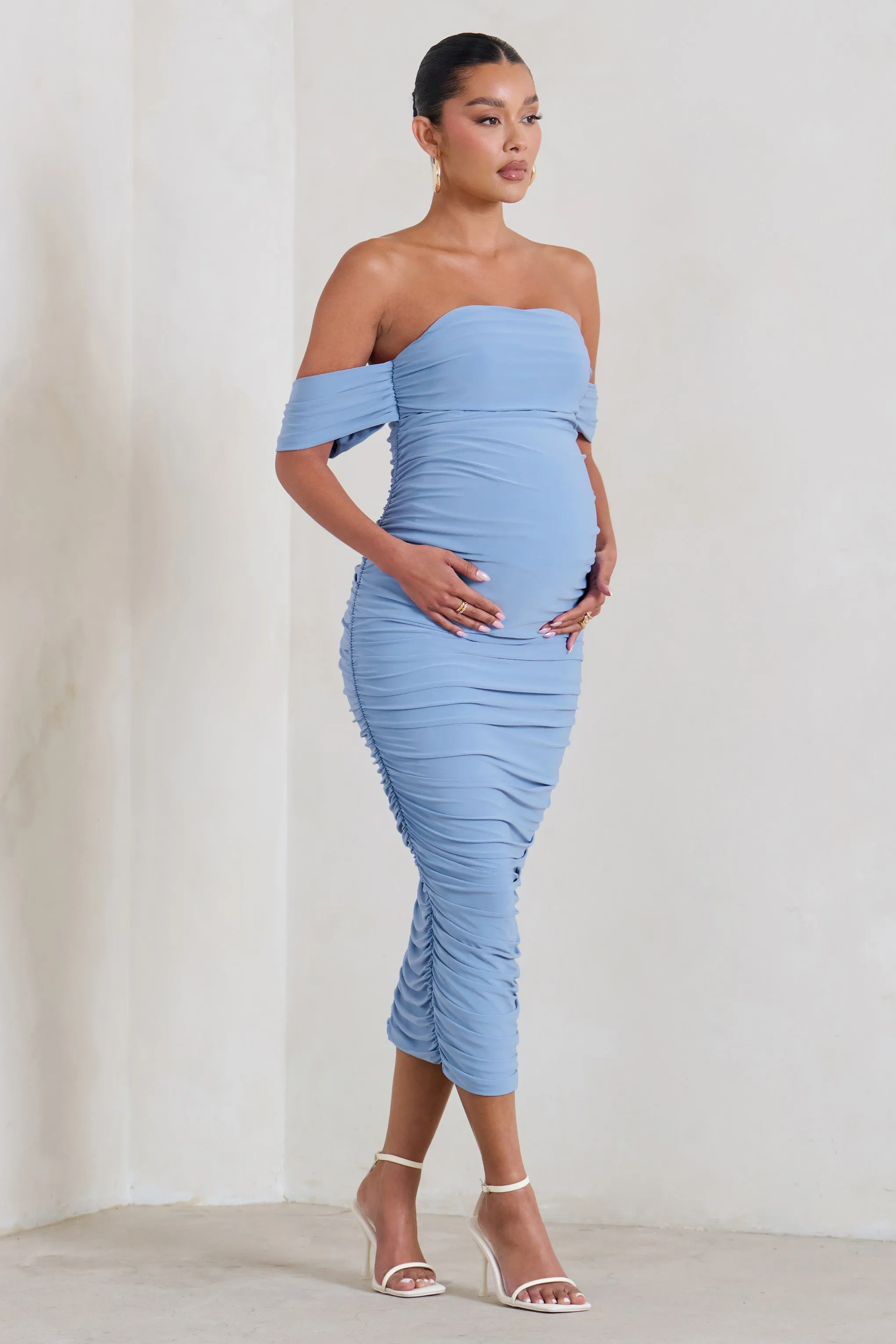 Plus One | Powder Blue Maternity Ruched Bardot Midi Dress