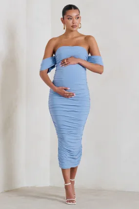 Plus One | Powder Blue Maternity Ruched Bardot Midi Dress