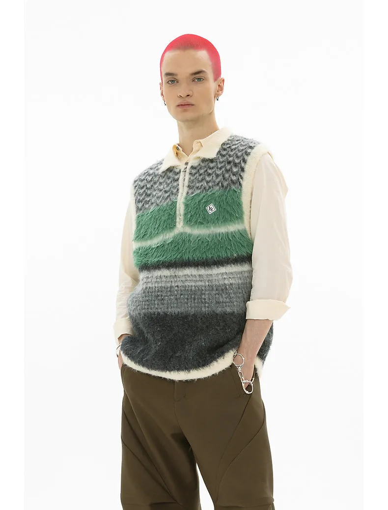 Plush Contrast Stripe POLO Collar Sweater Vest