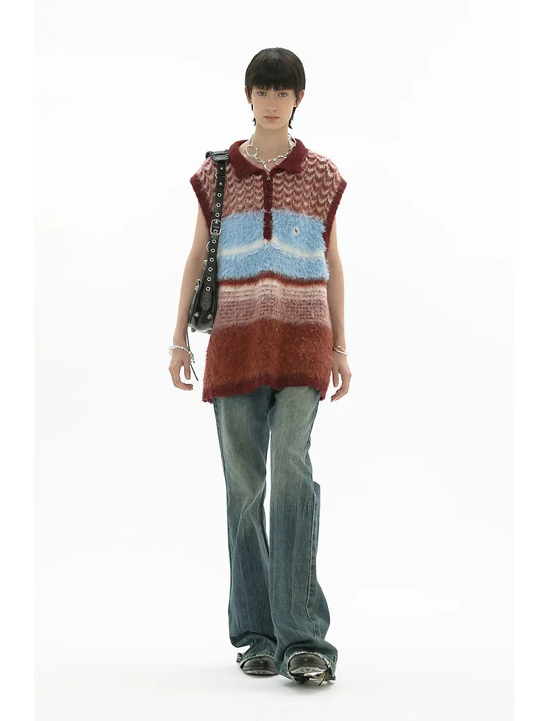 Plush Contrast Stripe POLO Collar Sweater Vest