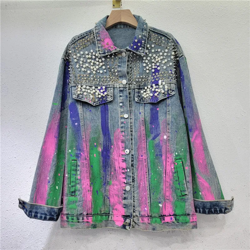 Pre Order: Denim Studded Half Painted Loose Jacket