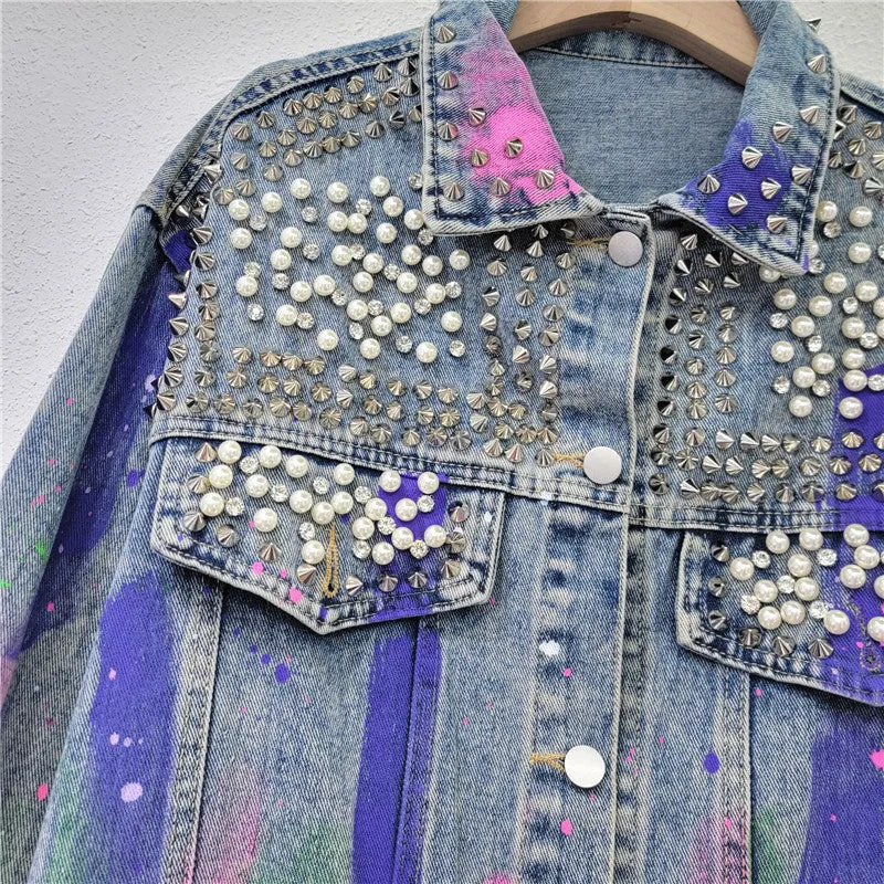 Pre Order: Denim Studded Half Painted Loose Jacket