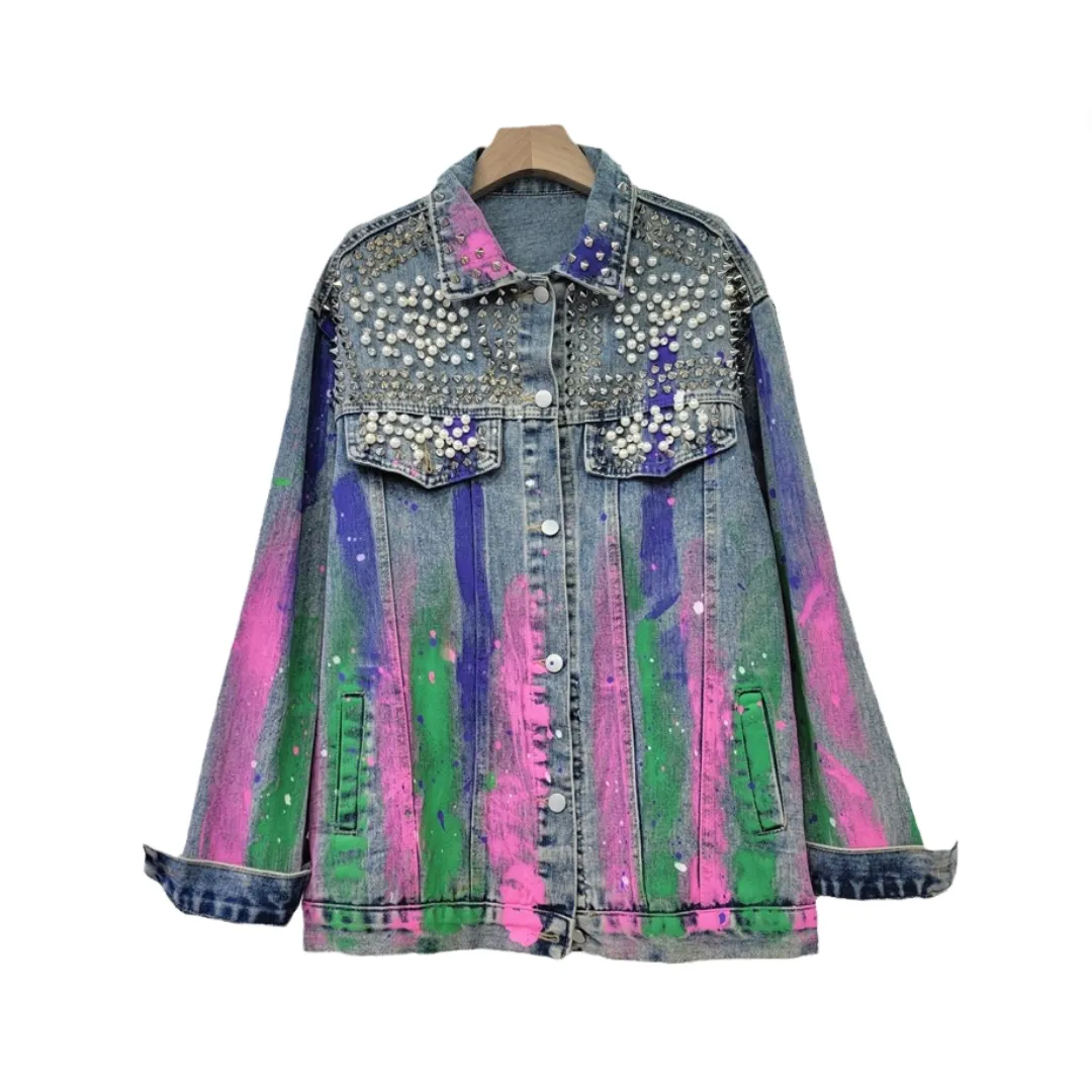 Pre Order: Denim Studded Half Painted Loose Jacket