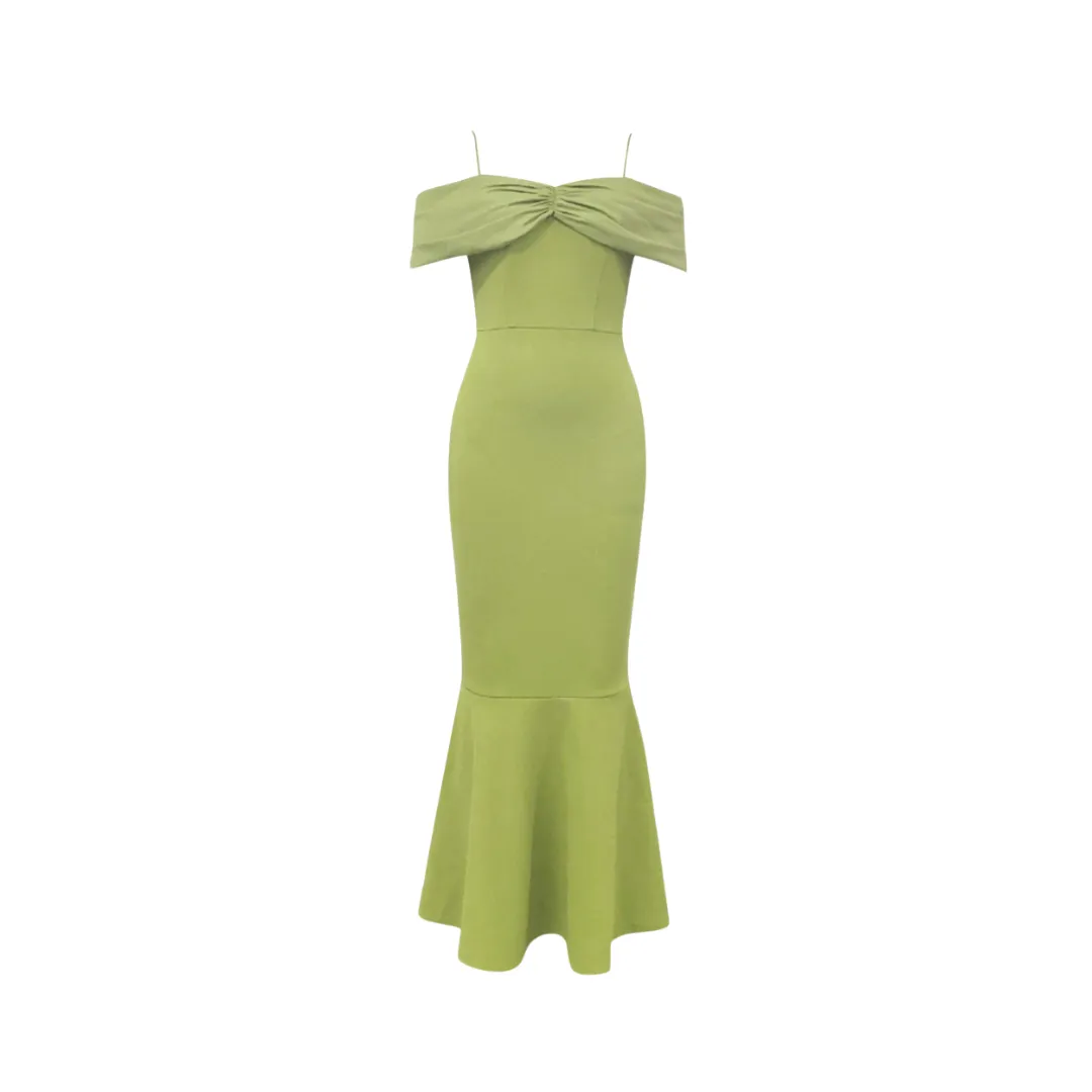 Pre Order:  Green Off-Shoulder Slim Fit Cake Dress