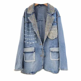 Pre Order:  Loose Vintage Beaded Blue Denim Jacket