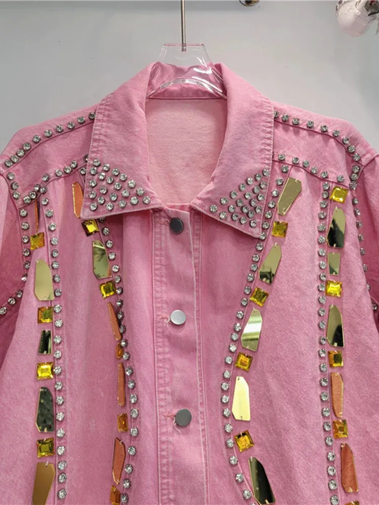 Pre Order:  Rhinestone Sequin Pink Denim Jacket