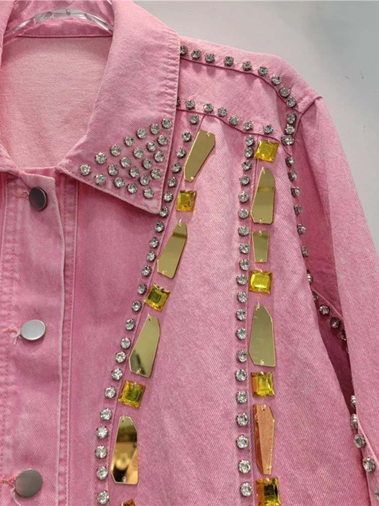 Pre Order:  Rhinestone Sequin Pink Denim Jacket