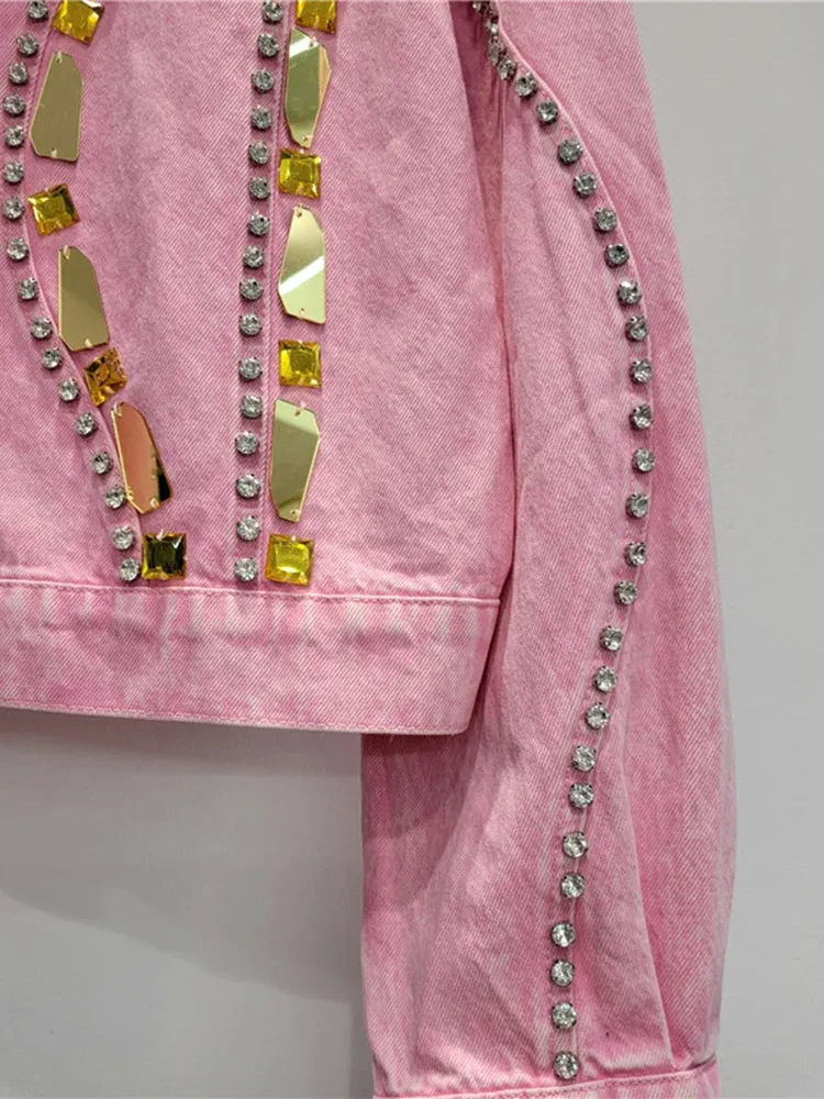 Pre Order:  Rhinestone Sequin Pink Denim Jacket