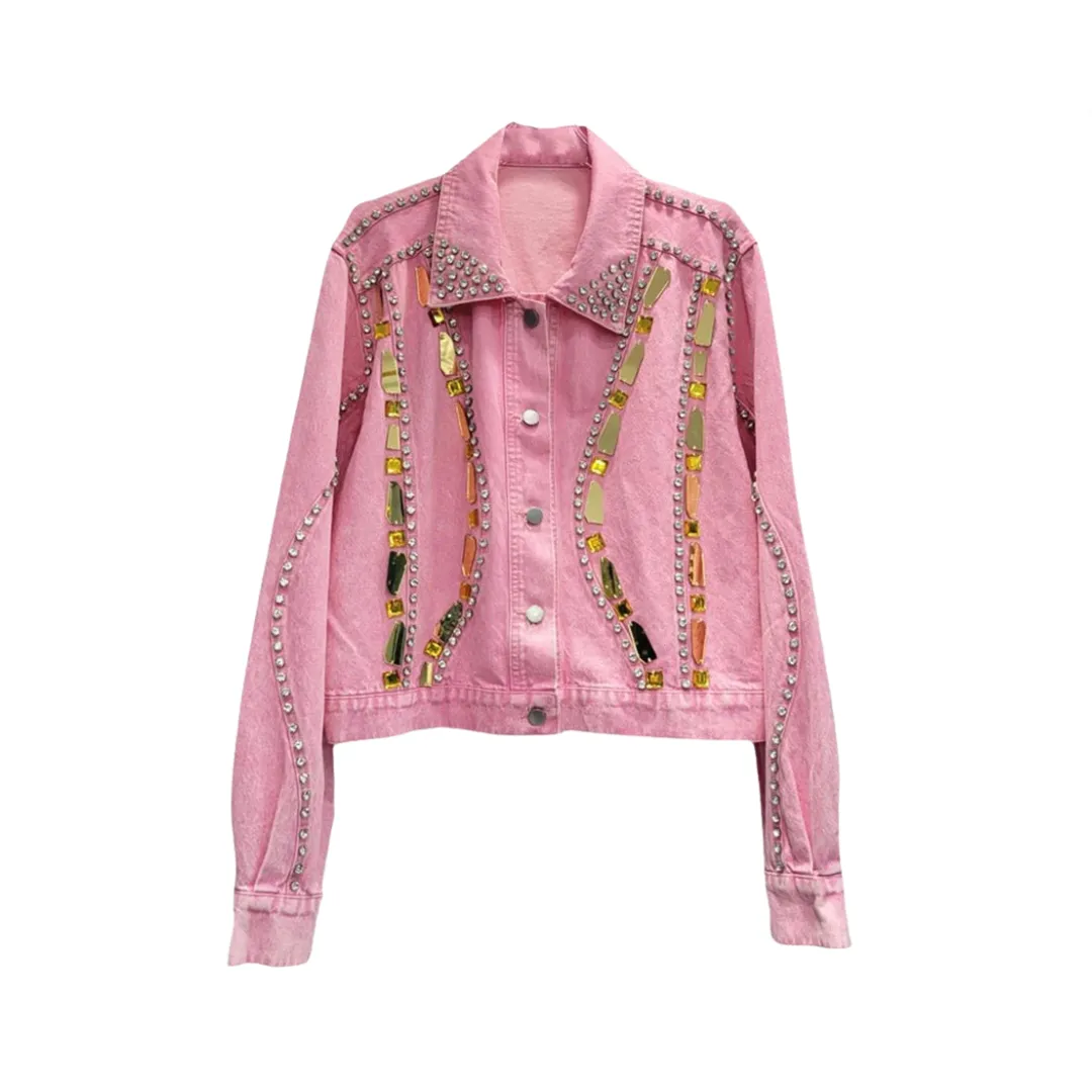 Pre Order:  Rhinestone Sequin Pink Denim Jacket