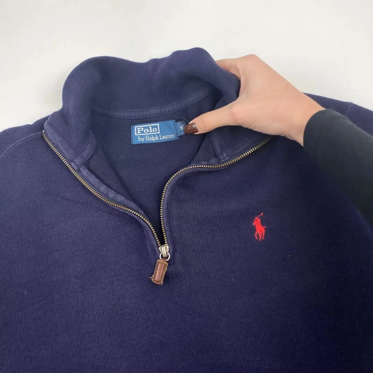 Preowned Polo Ralph Lauren Mens Jumper Size S Navy 1/4 Zip Quarter-Zip Logo Sweater Retro