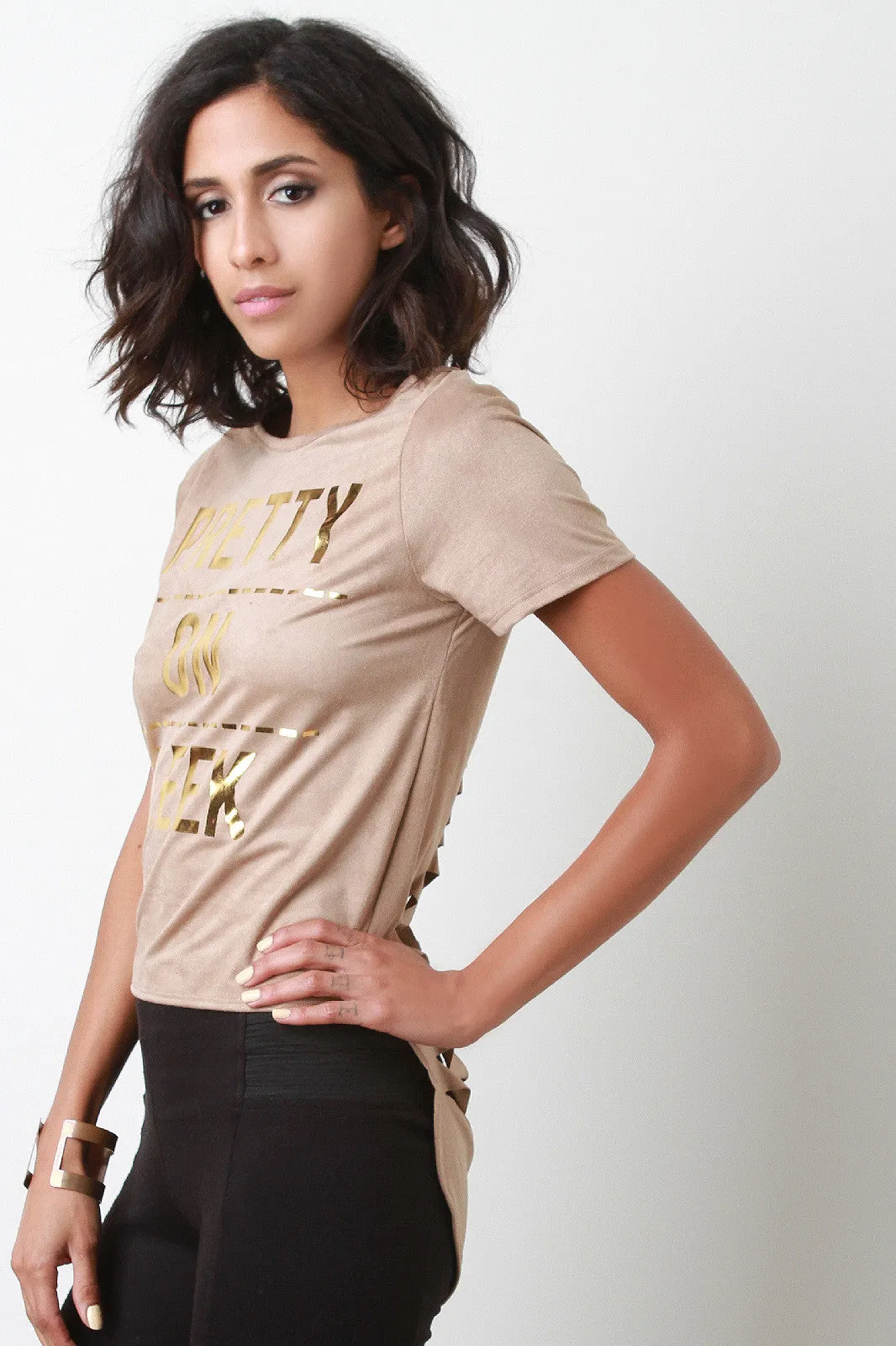 Pretty On Fleek Vegan Suede Slashed Back High Low Tee