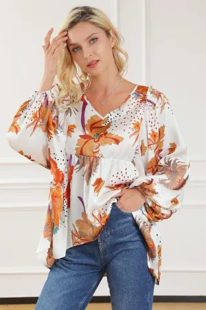 Printed V-Neck Smocked Balloon Sleeve Blouse