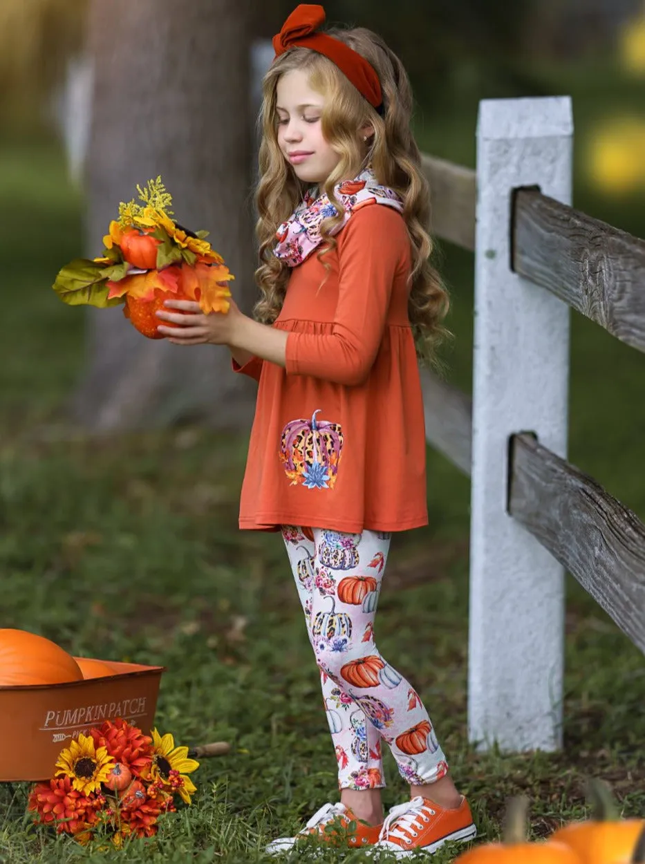 Pumpkin Everything Tunic, Leggings and Scarf Set