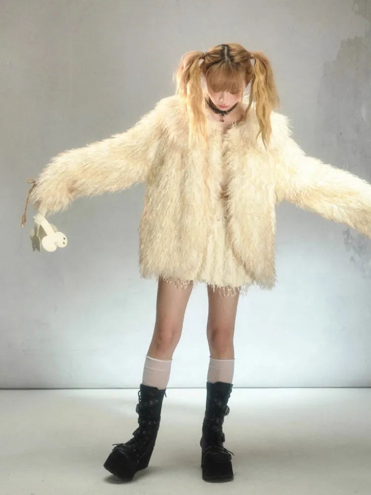 Punk Rivet Bone Mix Color Long Fur Loose Coat【s0000003874】