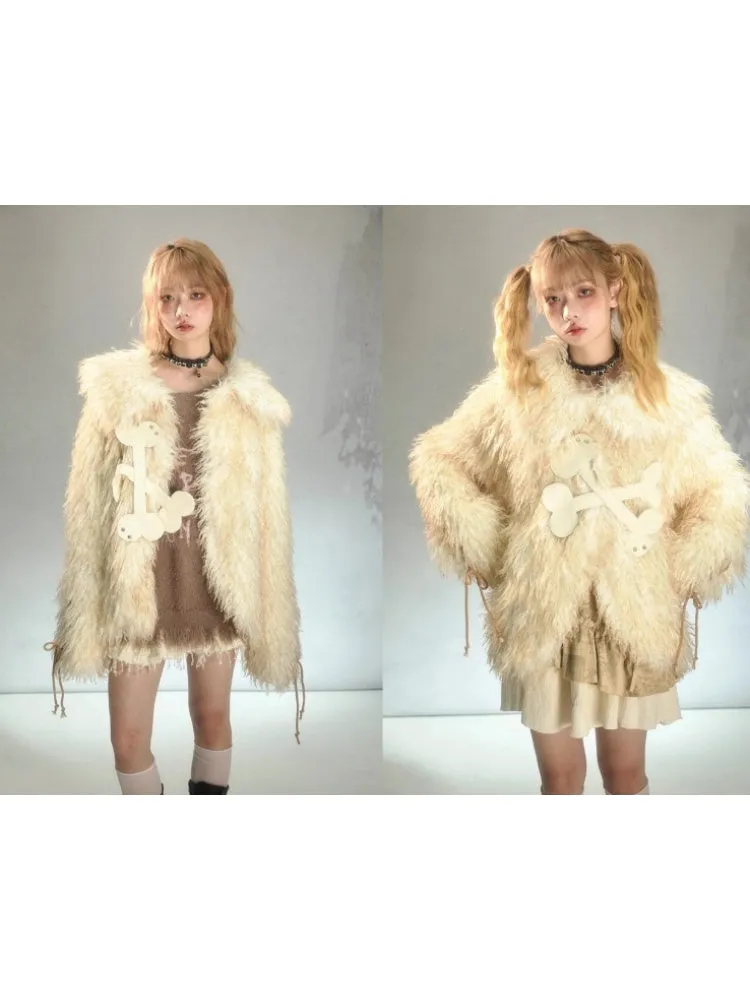 Punk Rivet Bone Mix Color Long Fur Loose Coat【s0000003874】