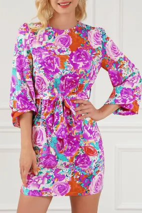 Purple Floral Keyhole Back Long Sleeve Belted Dress