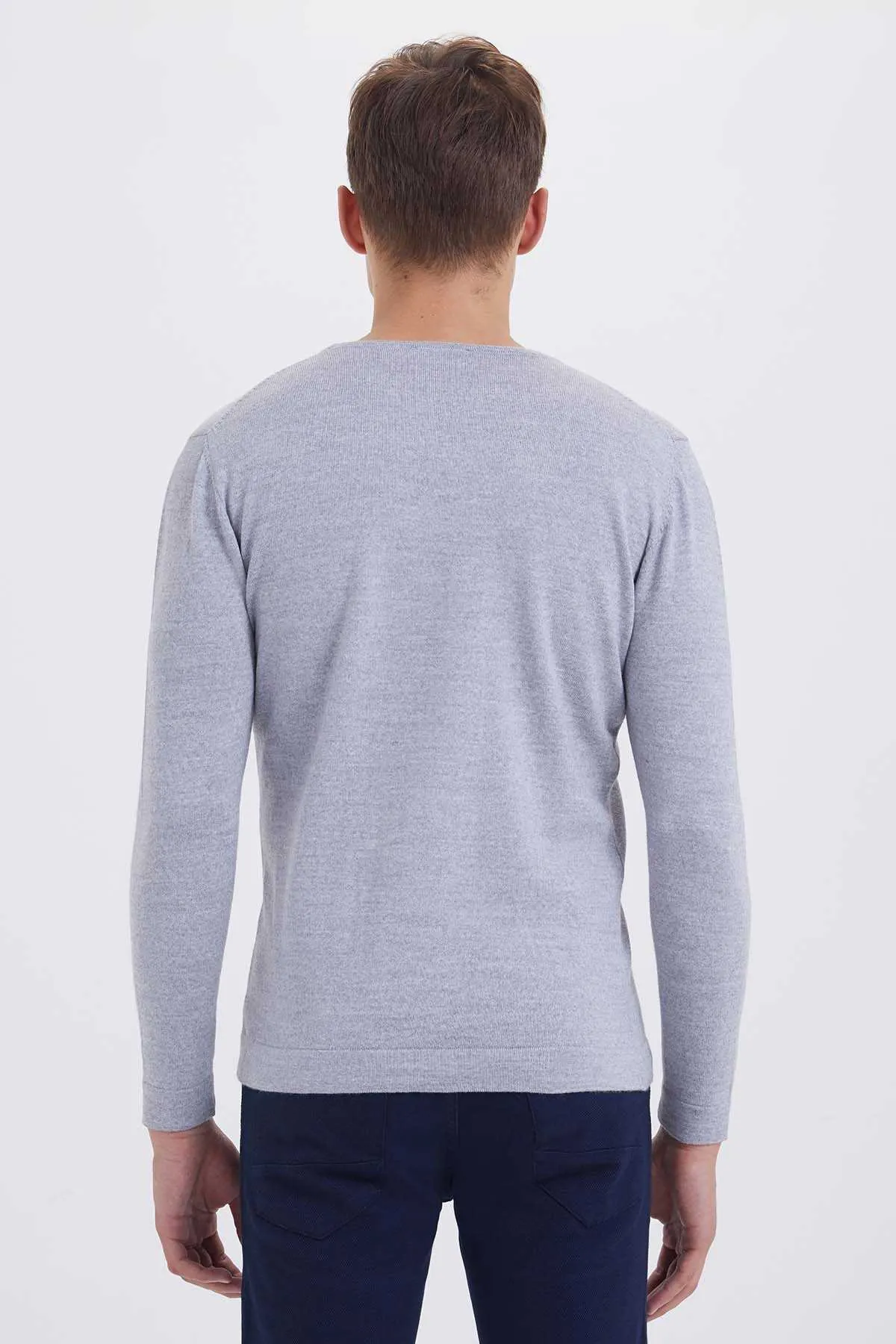 Regular Fit Plain Wool Blend Light Gray Crewneck Sweater