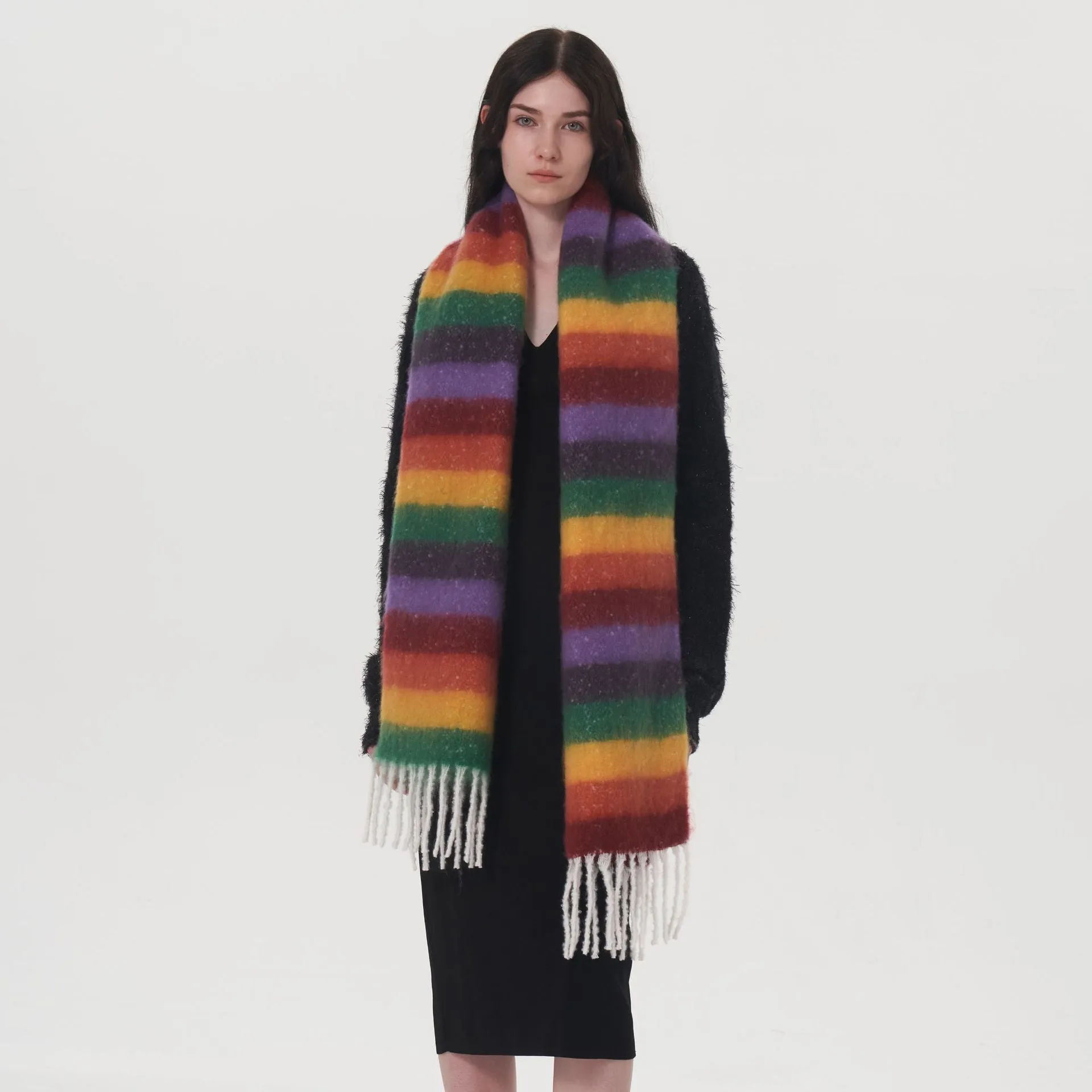 Retro Colorful Striped Tassel Thick Warm Dopamine Scarf