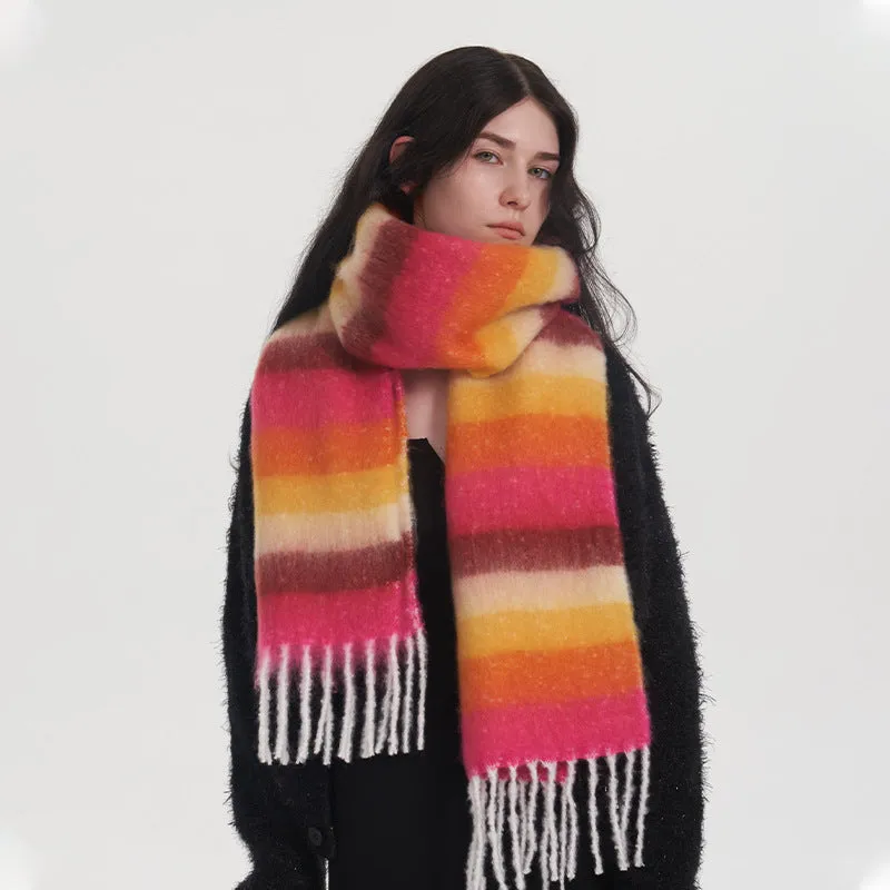 Retro Colorful Striped Tassel Thick Warm Dopamine Scarf