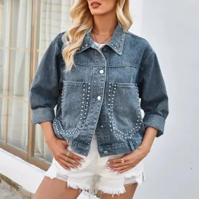 Retro Denim Rivet Short Punk Jacket for Spring and Autumn