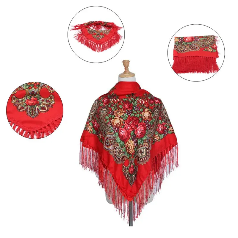 Retro Printed Scarf Winter Boho Shawl Autumn And Winter Warm Cotton Russian Women'S Shawl Ethnic Style Tassel Scarf Shawl 1pc