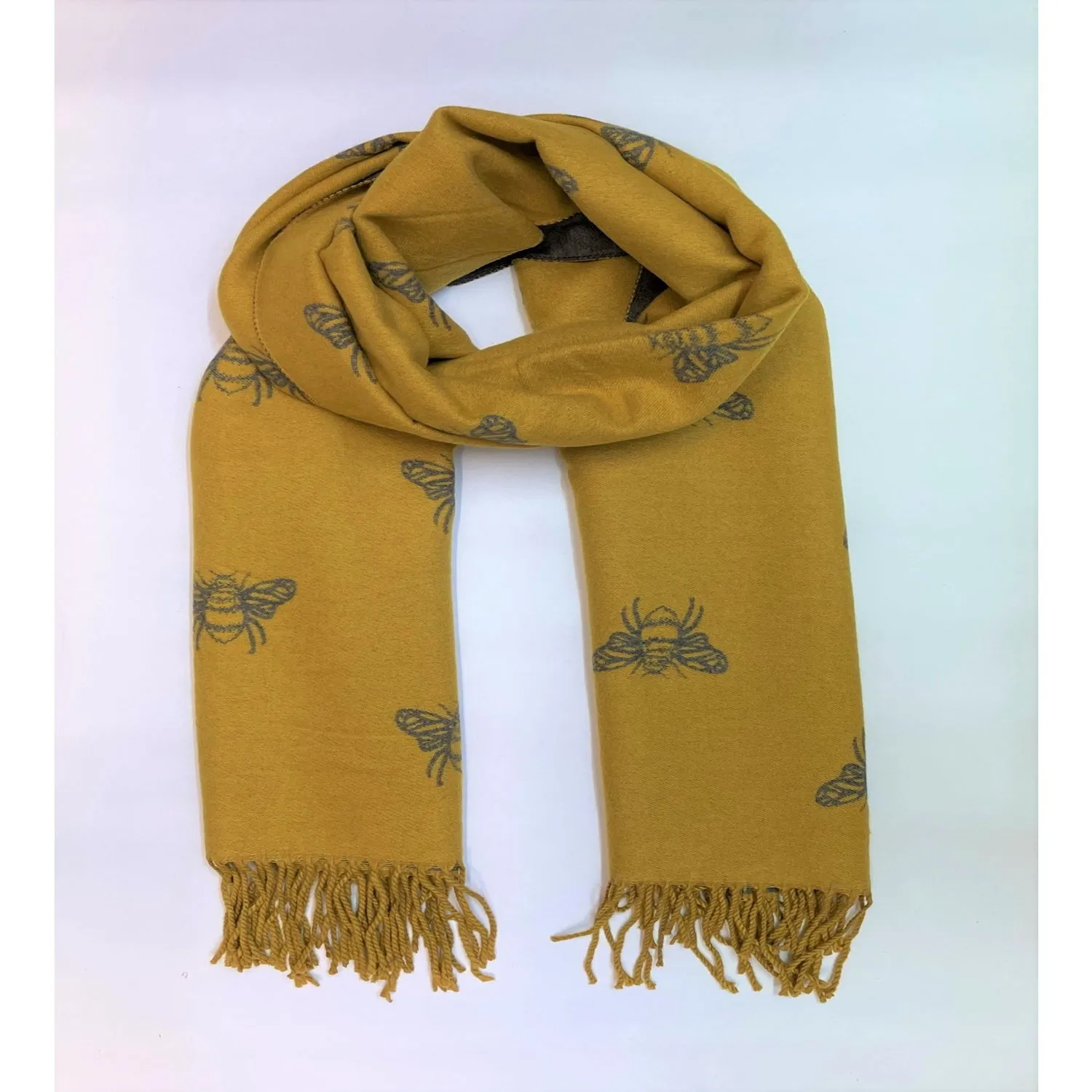 Reversible Mustard/Grey Bee Print Scarf