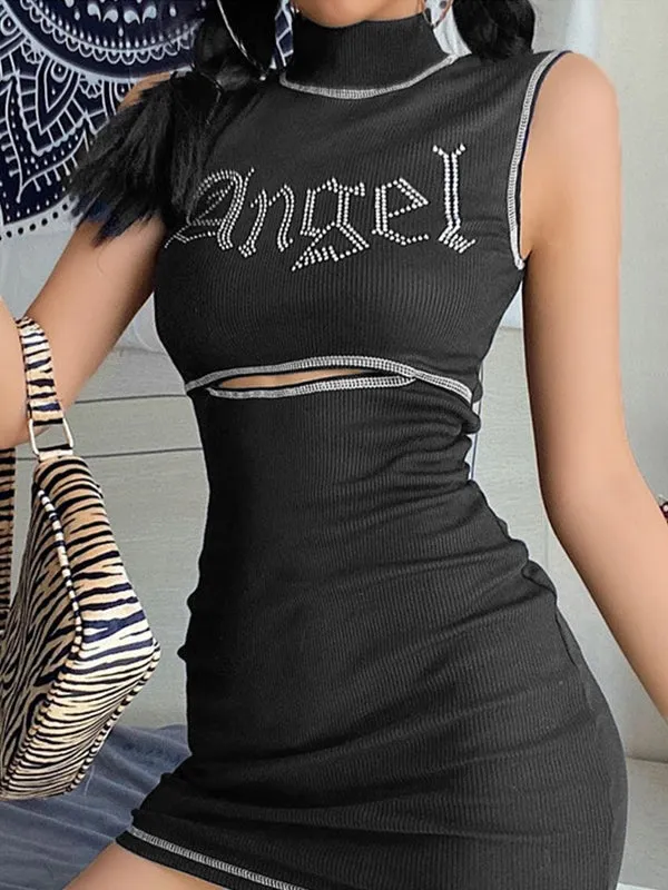 Rhinestone Design Cutout Ribbed Mini Dress