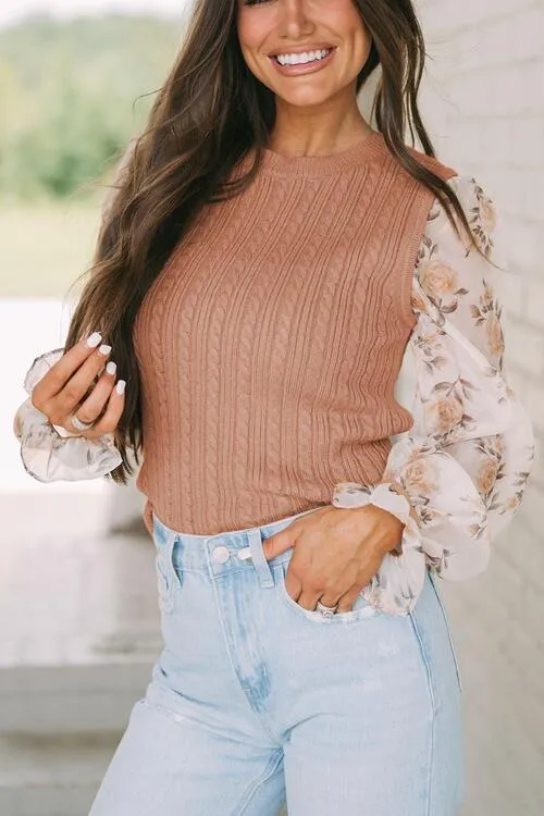 Ribbed Floral Lantern Sleeve Blouse