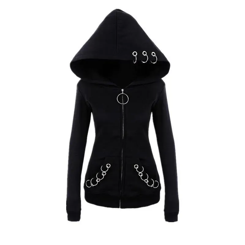 Ring Detailed Goth Hoodie Jacket: Long Sleeve Women's Jacket upto 5XL