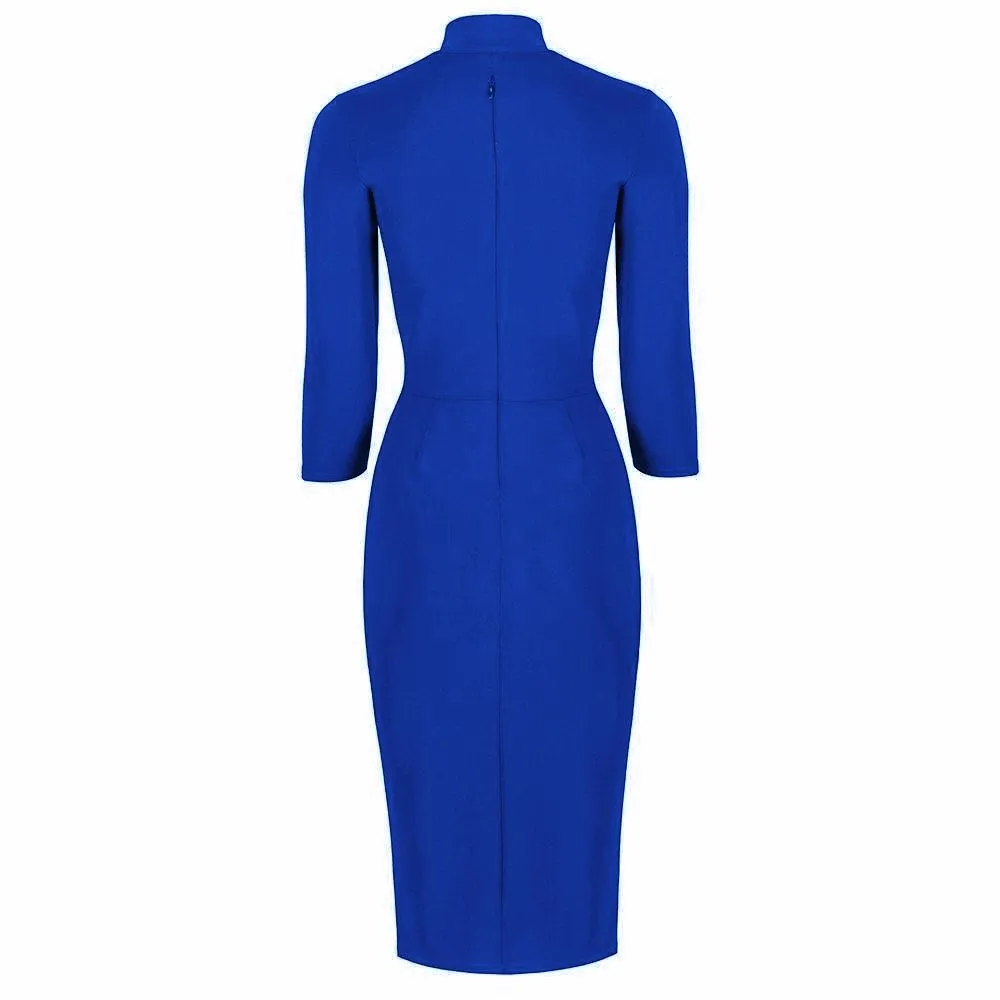 Royal Blue 3/4 Sleeve Tie Neck Bodycon Pencil Dress