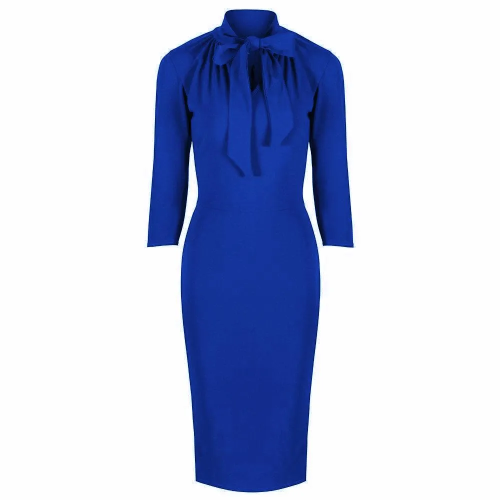 Royal Blue 3/4 Sleeve Tie Neck Bodycon Pencil Dress